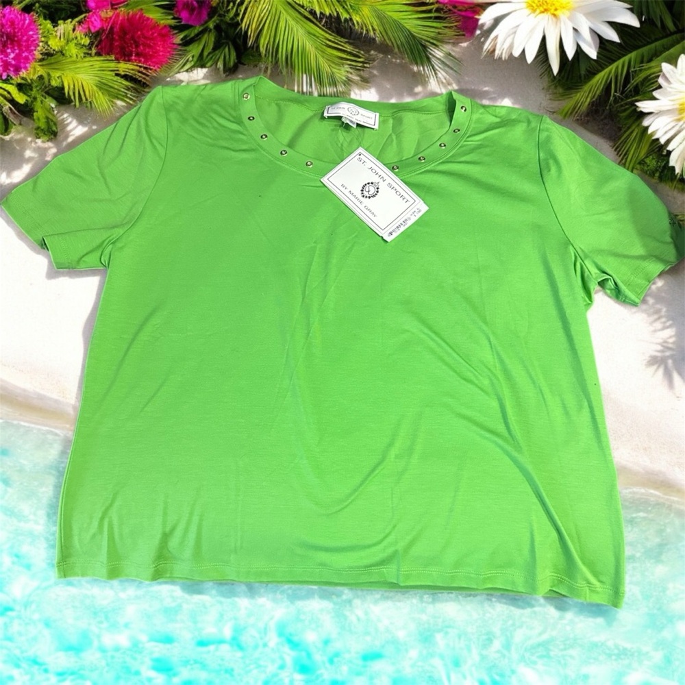 St John Sport Womens Top - Size L Green Short Sleeve 100% Cotton T-Shirt